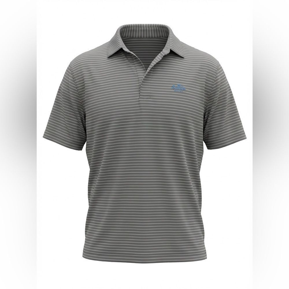 PETER MILLAR MENS POLO SHIRT SIZE L GRAY WITH BLUE STRIPES